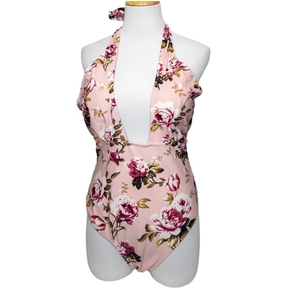 Cupshe Pink Floral Halter One-Piece Swimsuit